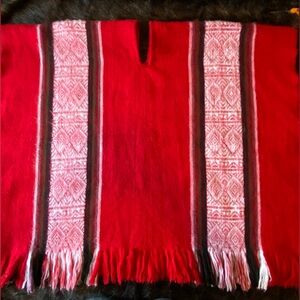 Red Fringed Poncho from Ecuador Made of 100% Wool
